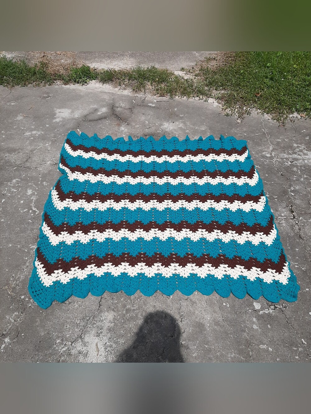 Handmade Crochet Lap Throw With Blue White And Brown Zig Zag Design Wavy Edges